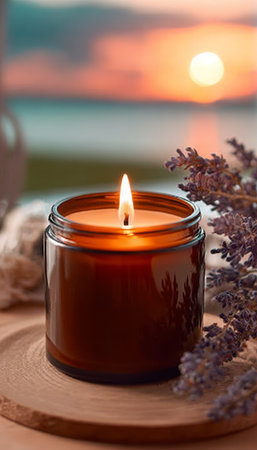 Serene Burnt Orange Candle Glowing Peacefully in Clear Jar Against a Beautiful Sunset Backgroundの素材