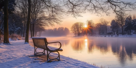 Serene Winter Sunrise Over a Snow-Covered Park with a Calm Lake Reflecting the Morning Lightの素材