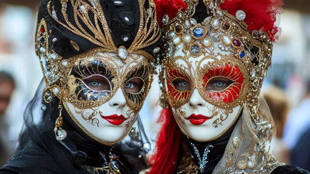 Vibrant Venetian Carnival Celebration Featuring Elaborate Masks, Costumes, and Festive Atmosphereの素材
