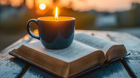 Cozy Aesthetic Still Life Featuring a Candle, Mug, and Open Book at Sunset for Warm Inspiration.の素材