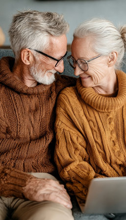 Joyful senior couple embraces their golden years with laughter, warmth, and technology at home.の素材