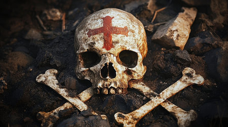 Memento Mori An Abandoned Grave Decorated with Ancient Cultural Art and Religious Relics of Skullsの素材