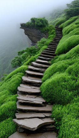 Stunning Green Hill Stairway Ascends Through Fog on Scenic Hiking Trail Surrounded by Nature.の素材