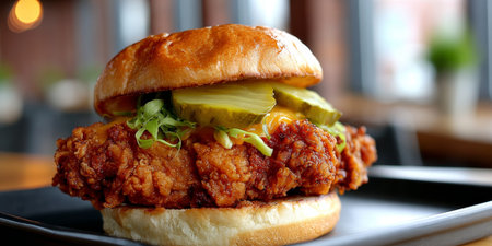 Deliciously Crispy Fried Chicken Sandwich with Crunchy Pickles and Savory Sauce on a Fresh Bunの素材
