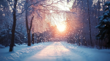 Majestic Snow-Covered Forest with Sunlight Filtering Through Frosted Trees in a Winter Wonderlandの素材