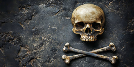 Ominous and Intricate Anatomical Skull Rendering for Halloween with Antique Style and Bone Elementsの素材