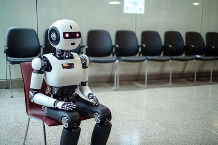 Humanoid Robot Waiting for Job Offer in Modern Office, Symbolizing Automation s Impact on Jobsの素材