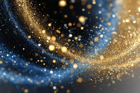Stunning Abstract Background with Glittering Blue and Gold Lights on a Soft Black Blurred Canvasの素材