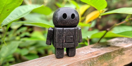 Small Stone Robot Sitting on Fence Top Surrounded by Lush Garden Plants, Decorative Figurine Closeupの素材
