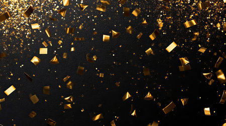 Golden Confetti Showering Down on Elegant Black Background, Creating a Sparkling Festive Ambianceの素材
