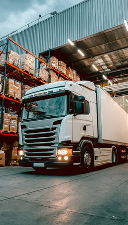 Heavy Cargo Distribution in Industrial Warehouse with Logistics Truck and Tall Racks for Shippingの素材