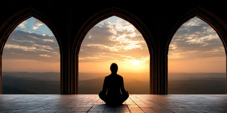 Serene Meditation at Sunset Amidst Gothic Ruins with Arches, Silhouettes, and Tranquil Sceneryの素材