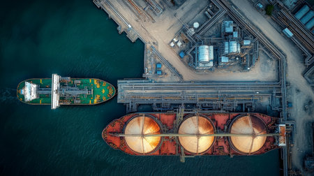 Aerial View of Industrial Landscape with Oil Refinery, Storage Tanks, and Oil Tanker Ships at Seaの素材
