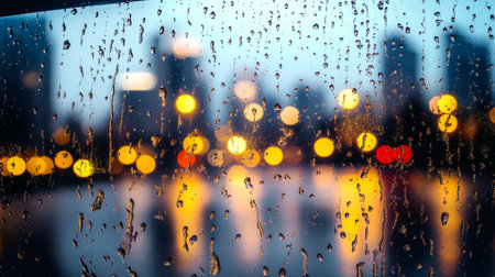 Rainy Night in the City Captivating Urban Scenery with Street Lights and Reflections on Windowsの素材