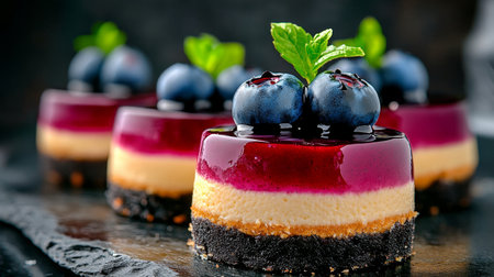 Delicious Miniature Cheesecakes Topped with Fresh Blueberries and Mint Leaves on a Rustic Tableの素材