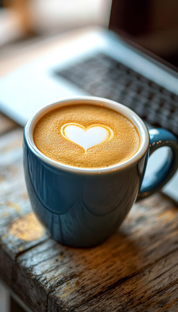 A Serene Morning Coffee Delight with a Frothy Latte Art Design Next to a Computer on a Tableの素材