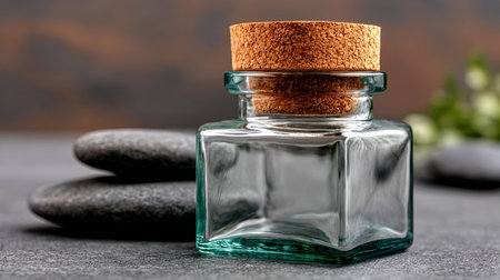 Small Square Clear Glass Jar with Cork Stopper, Filled with Dark Stones for Spa Treatment Settingの素材