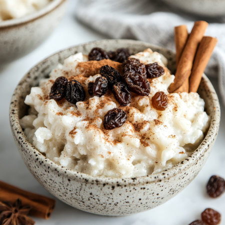 Creamy Rice Pudding with Cinnamon and Raisins, a Cozy Dessert Perfect for Any Occasion or Seasonの素材