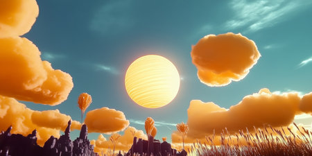 Stunning Fantasy World Digital Artwork Featuring a Golden Planet Beneath an Orange Cloud Skyの素材