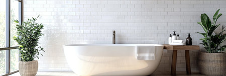 Luxurious Bathroom Retreat Stunning White Bathtub Surrounded by Chic Tiles and Green Plantsの素材