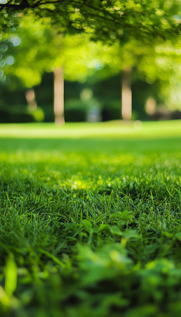 Tranquil Outdoor Scene with a Lush Green Lawn Set Against a Softly Blurred Forest Backgroundの素材