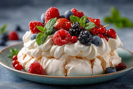 Delicious Pavlova Dessert Topped with Fresh Berries and Cream, A Perfect Treat for Every Occasionの素材