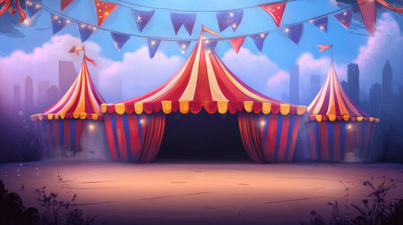 Grand Circus Arrival Featuring Colorful Tents, Flags, and a City Silhouette Ready for Fun Timesの素材