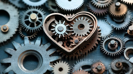 Heart-shaped gear mechanism with metal cogwheels symbolizing love and engineering connectionの素材
