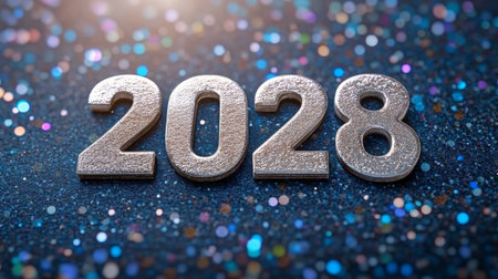 Elegant Brushed Metal Future Year 2028 Digits Display with Modern Sparkle Background for Holidaysの素材