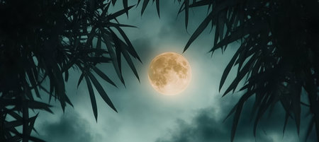 Enchanting Nightscape A Full Moon Illuminates Lush Bamboo Forest Under Mysterious Cloudy Skiesの素材