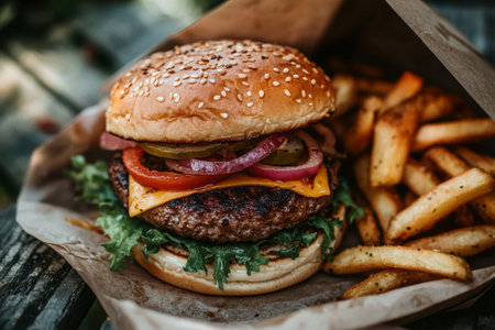 Epic Lunch Experience Savory Gourmet Burger with Crispy Potato Side on Rustic Wooden Tableの素材
