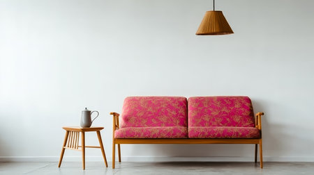 Stylish Pink Sofa with Vintage Hanging Lamp in a Contemporary Living Room, Minimalist Decor Styleの素材