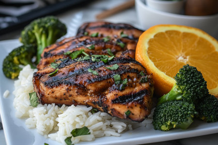 Savory Glazed Chicken Served with Steamed Rice, Fresh Broccoli, and a Sweet Orange Slice Garnishの素材