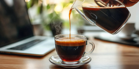 Morning coffee beside a laptop on a wooden desk, creating a perfect workspace atmosphere.の素材
