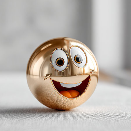 Shiny 3D golden sphere with a joyful smiling face and big googly eyes, playful and cheerful designの素材