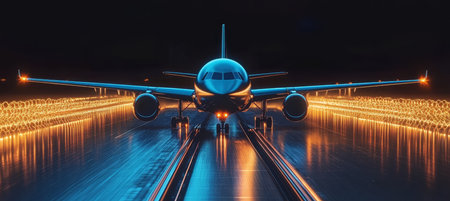Sleek Airplane Navigating Illuminated Airport Runway at Night with Bright City Lights in Backgroundの素材