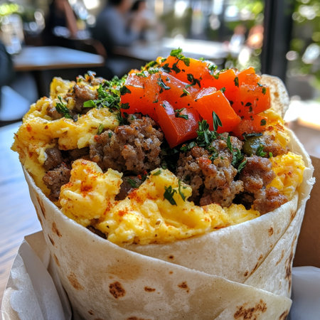 Delicious Savory Breakfast Burrito Wrapped in a Tortilla, Perfectly Served with Fresh Ingredientsの素材