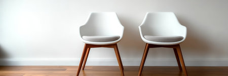 Elegant Minimalist White Room Featuring Two Stylish Armchairs with Wooden Legs and Soft Cushionsの素材