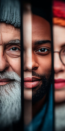 Close-up faces of diverse individuals showcasing unity, equity, and inclusion in society.の素材