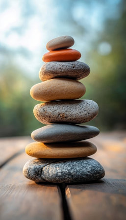 A Serene Stack of Natural Pebble Stones on a Wooden Surface, Symbolizing Harmony and Tranquilityの素材