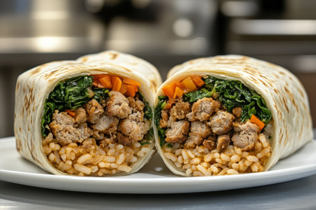 Fresh Filled Burrito Halved Showcasing Delicious Ingredients, A Perfectly Ready Meal for Enjoymentの素材