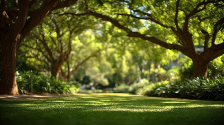 Serene Landscape of Lush Green Trees and Vibrant Lawn Under a Clear Blue Sky, Perfect for Relaxationの素材