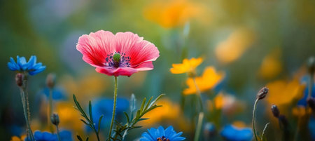 Vibrant summer meadow with radiant poppy blossoms and colorful wildflowers under bright sunlightの素材