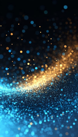 Mystical Abstract Glittering Light Decorations with Golden and Blue Bokeh Stars. Festive Wallpaperの素材