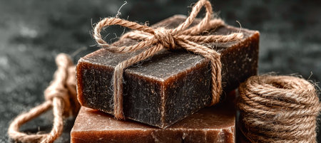Artisan Dark Brown Handmade Soap Bars Gift Wrapped with Rustic Twine for Spa and Relaxationの素材