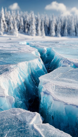 Stunning Winter Landscape Featuring Deep Icy Fissures, Coniferous Trees, and a Frozen Expanseの素材