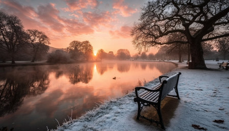 Serene Winter Park at Dawn with Frosty Trees and a Tranquil Lake Reflecting Pink Clouds Aboveの素材