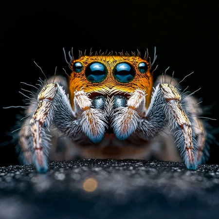 Vibrant Close-Up of a Jumping Spider with Orange Crown and Grey Furry Legs, Curious Eyes Staringの素材
