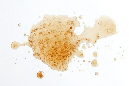 Coffee Spill Creating a Large Brown Blot On Clean White Surface, Abstract Design of Beverage Messの素材