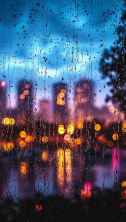 Urban Night Glimpse Through a Rain-Streaked Window with Cityscape Bokeh and Blurred Lightsの素材